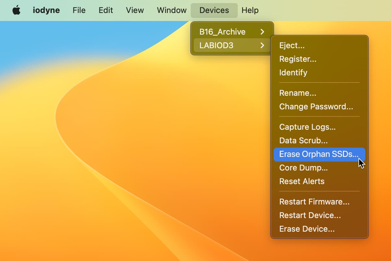 Selecting Erase Orphan SSDs… from the Devices menu in iodyne Utility