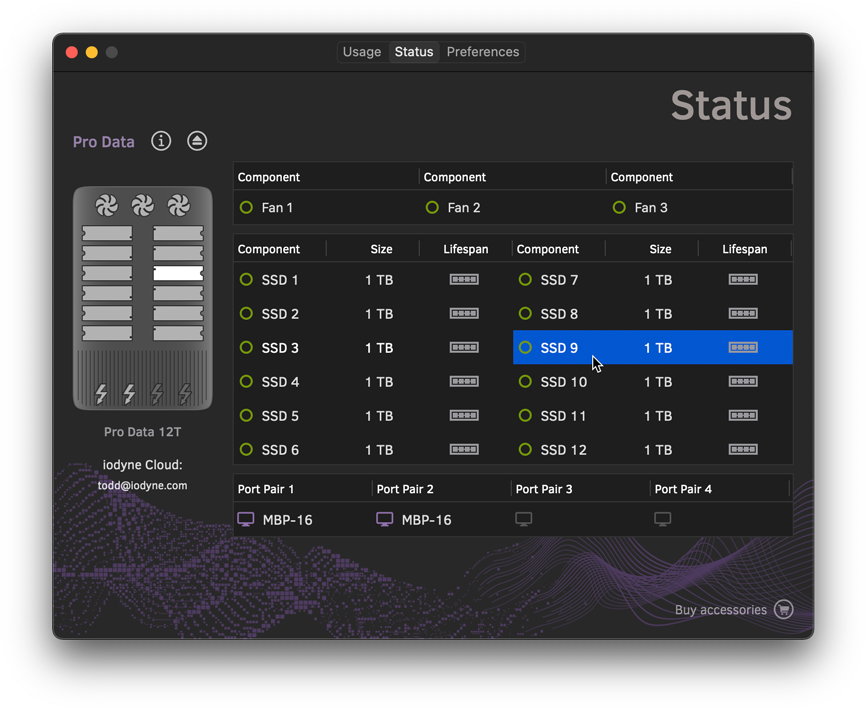 The iodyne utility Status tab shows the replacement SSD has been incorporated into Pro Data storage
