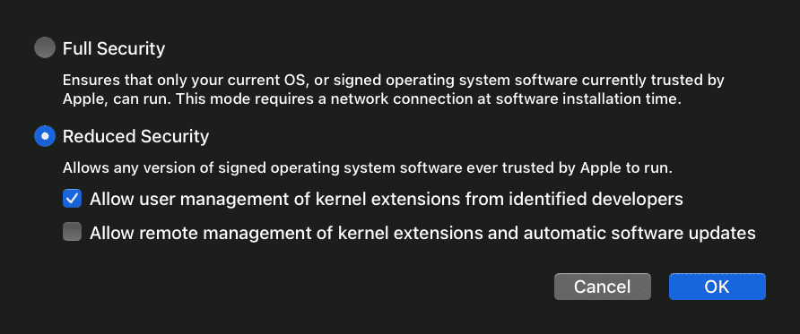 Selecting Reduced Security policy, then “Allow user management of system extensions from identified developers”