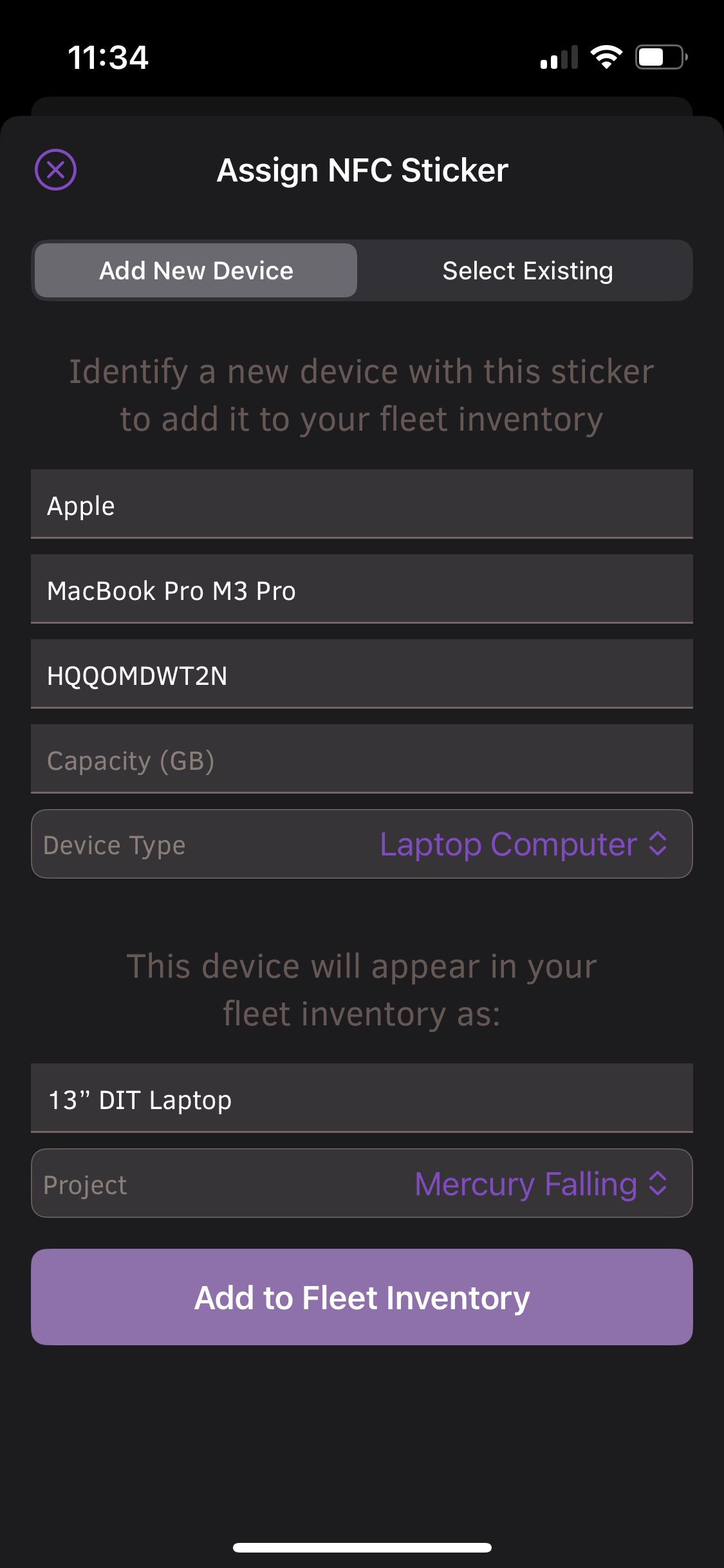 Enter device information